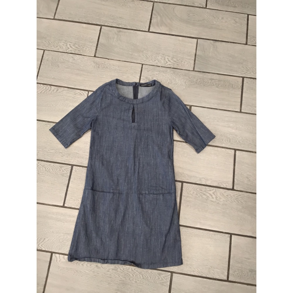 HARLOWE & GRAHAM Blue Chambray Denim 3/4 Sleeve Keyhole Neck A-Line Dress S